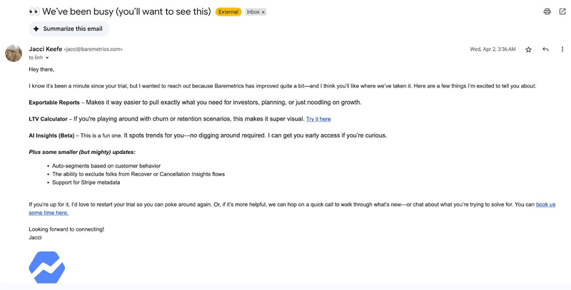 Baremetrics welcome email example.
