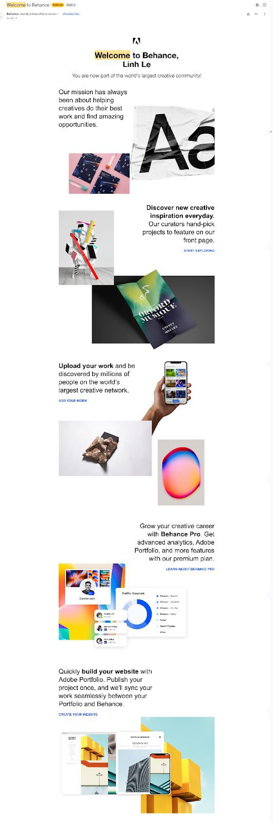 Behance welcome email example.