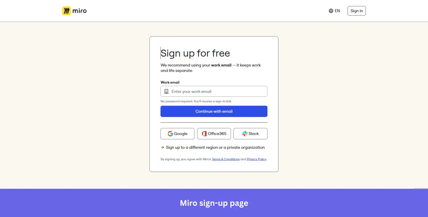 Miro sign-up page