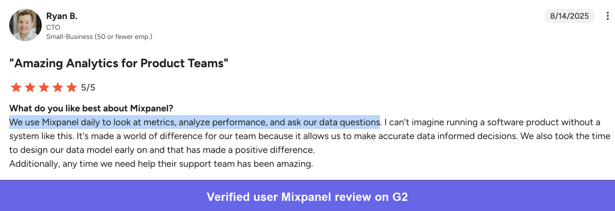 Mixpanel review highlighting daily use