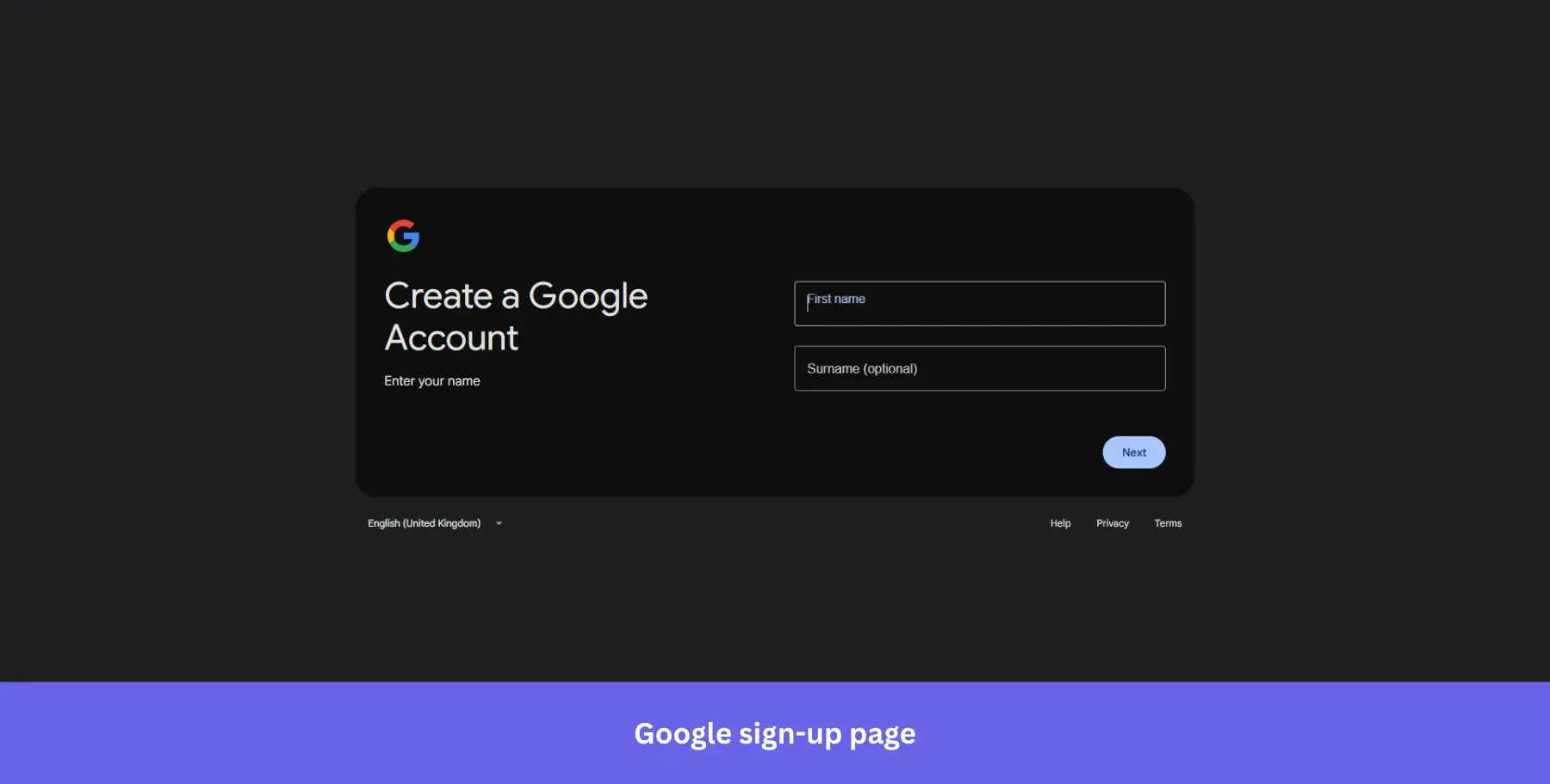 Google sign-up page