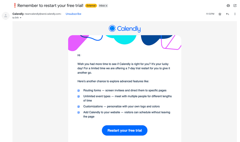 Loyalty program email example: Calendly.