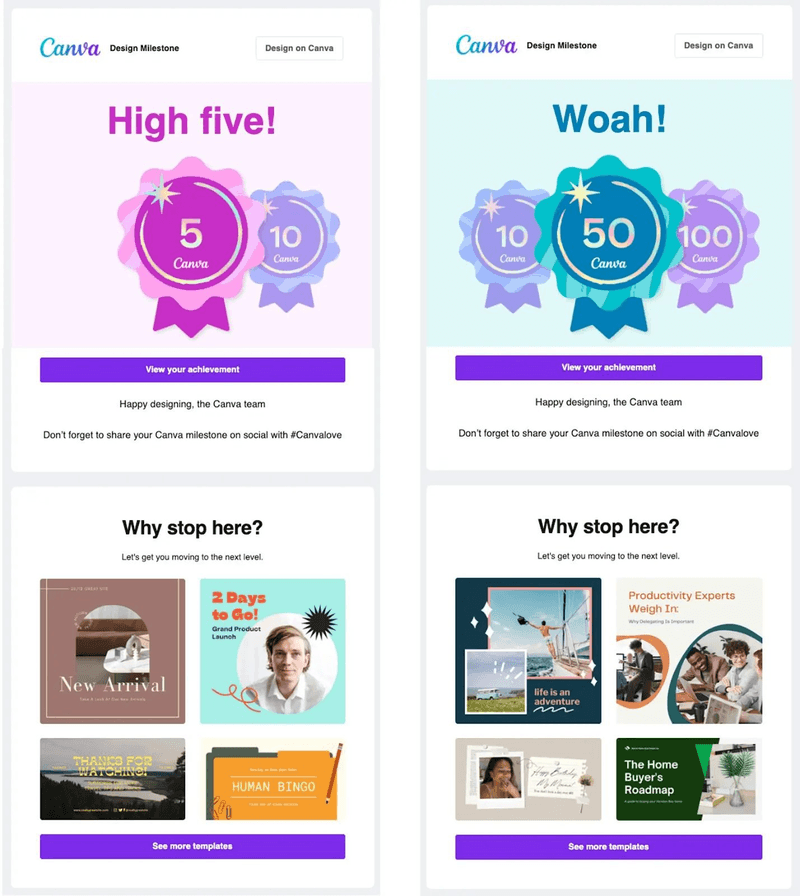 Canva's gamified milestone email with social sharing emails 