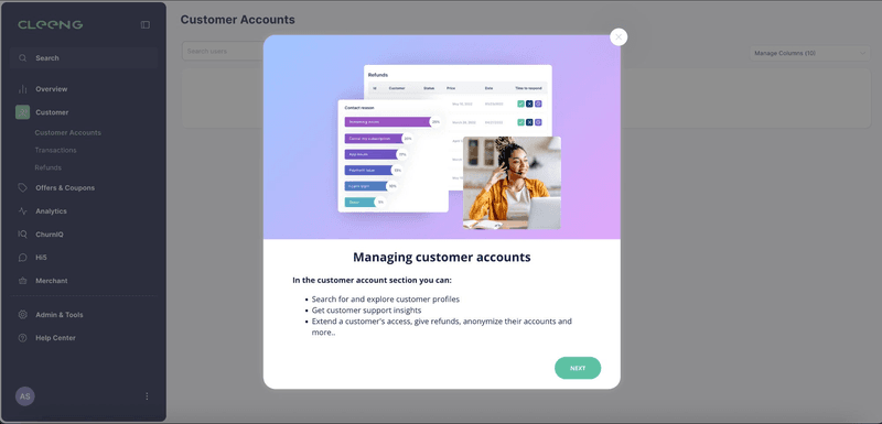 A modal starting a walkthrough flow of the “Customer” dashboard.