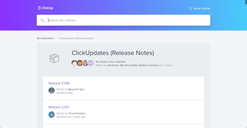 Screenshot of Clickup release notes