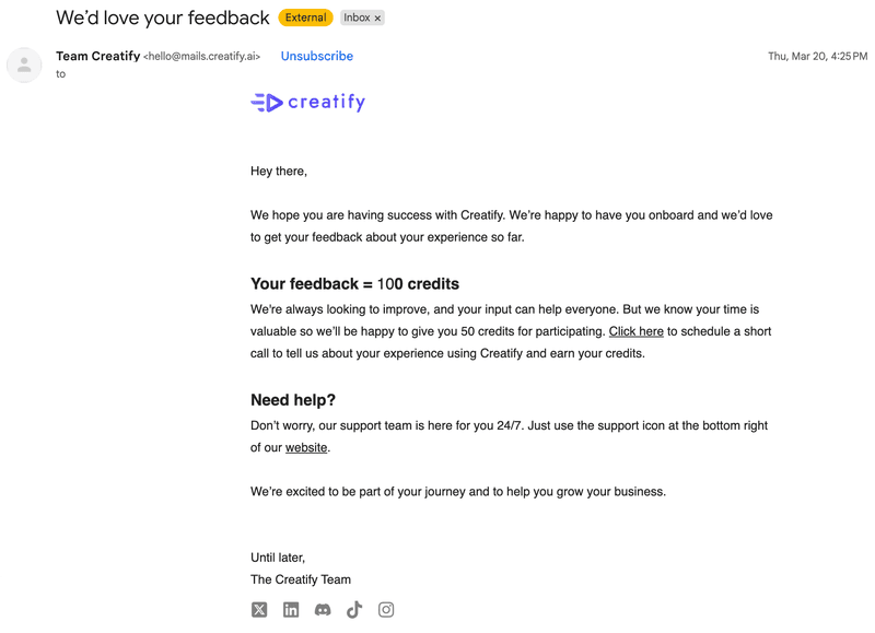 Loyalty program email example: Creatify.