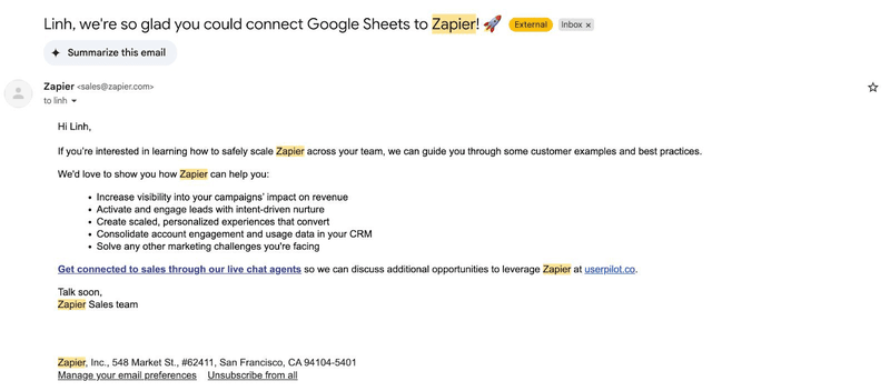 Customer onboarding welcome email from Zapier.
