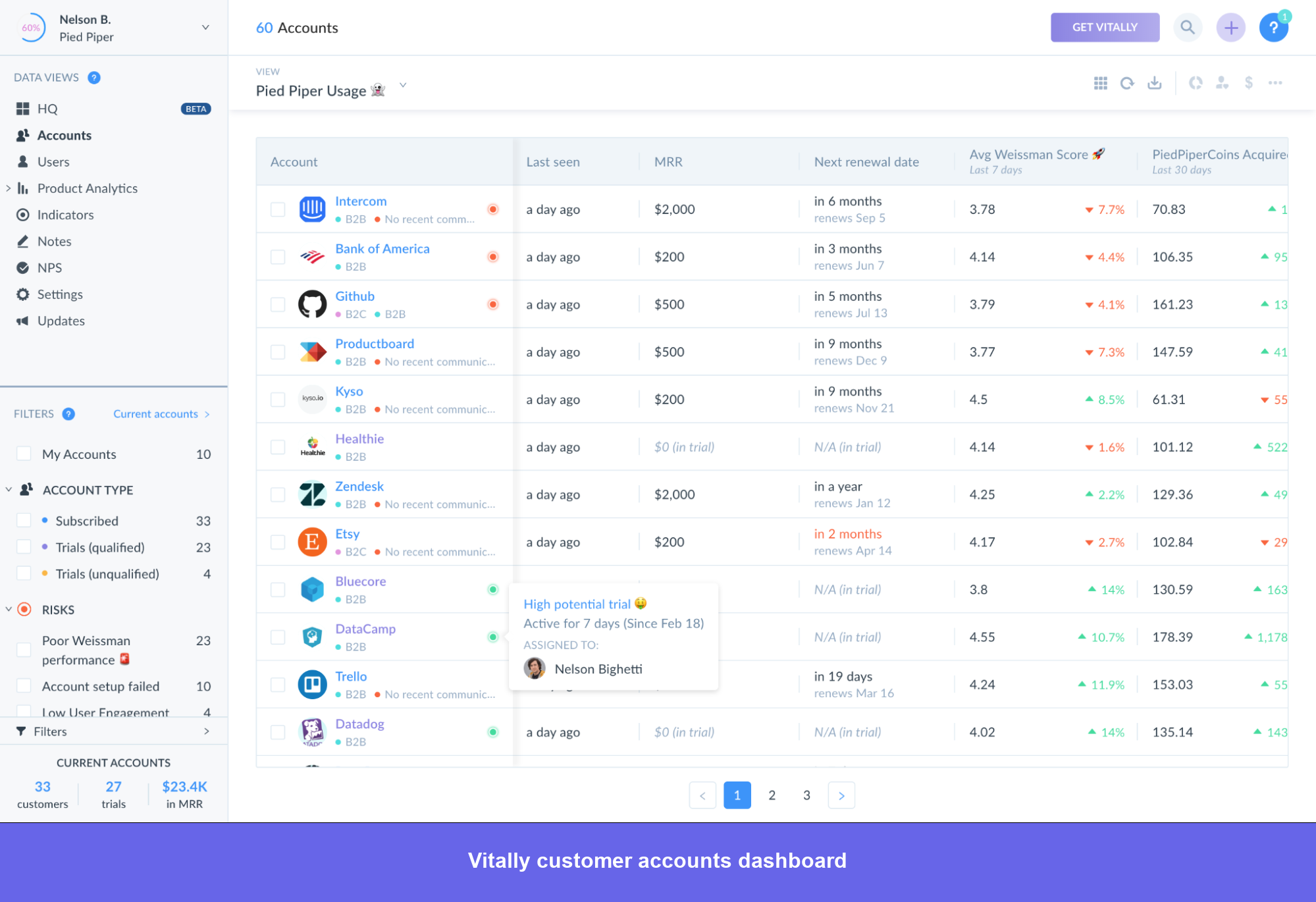 Vitally dashboard showing MRR, weissman scores, and multiple accounts on the same screen