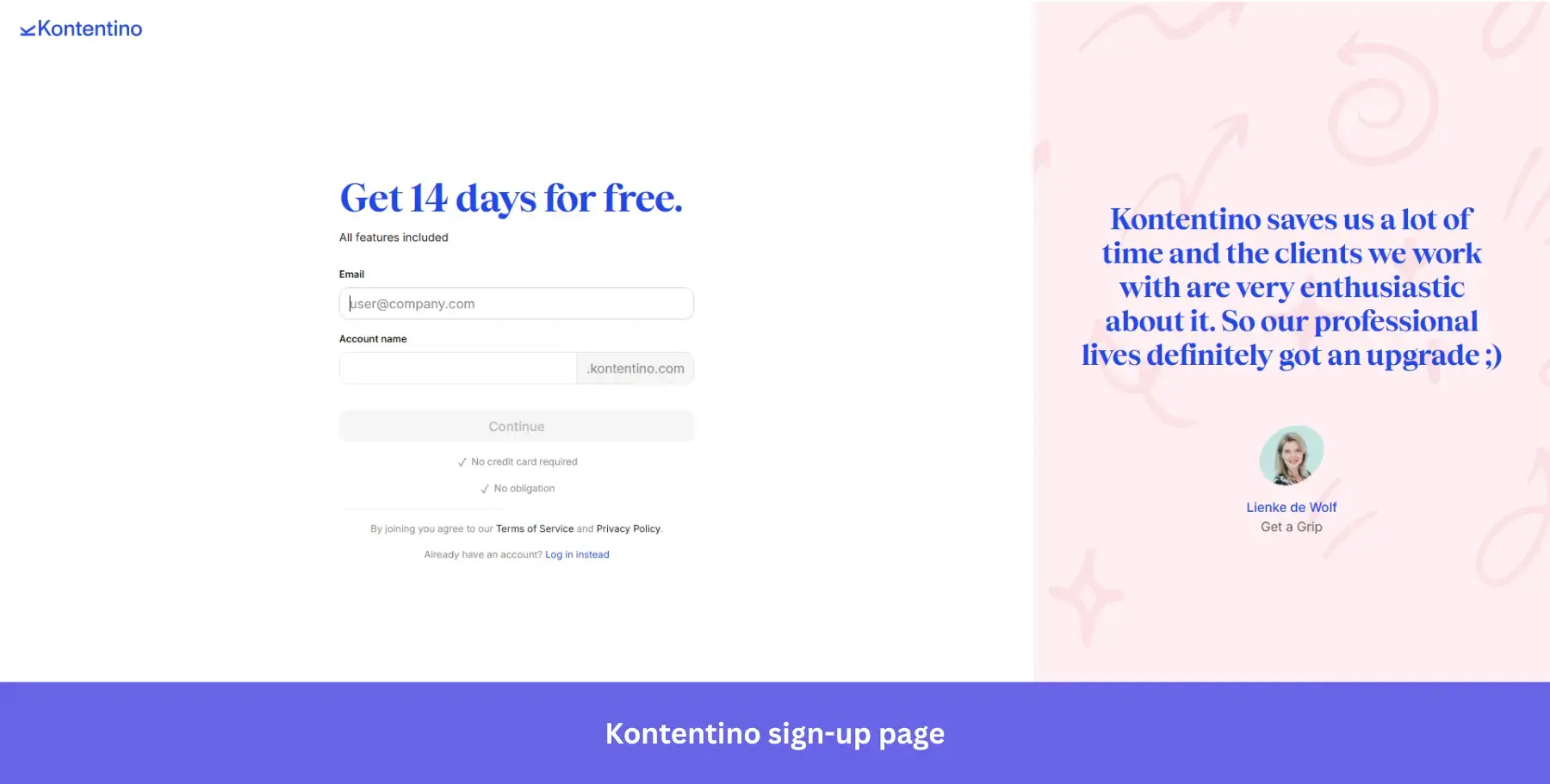 Koententino sign-up page