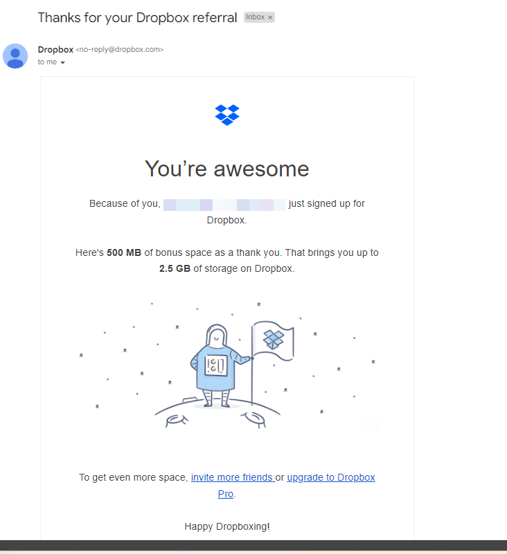 Loyalty program email example: Dropbox.
