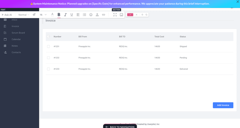 Alert banner example on Userpilot as a user experience interaction guideline