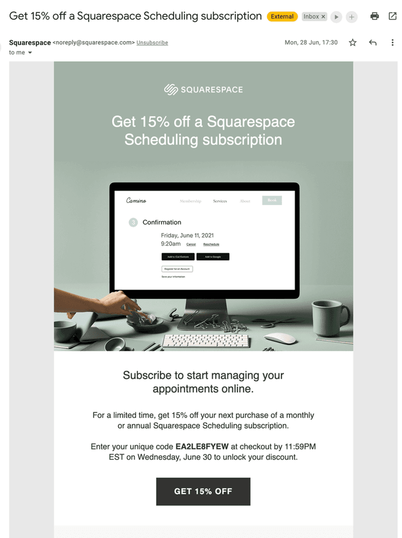 Email marketing discount offer Squarespace