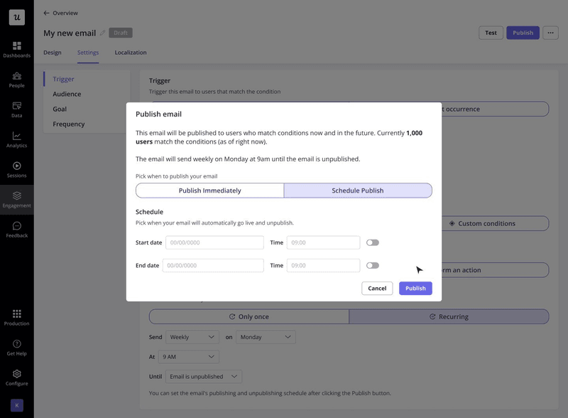 Defining email publish conditions in Userpilot.
