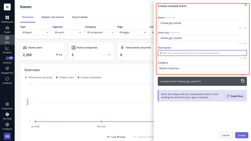 Userpilot event tracking interface for mobile apps