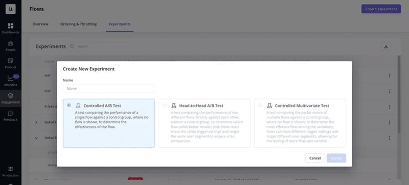 A screenshot of creating a new experiment in Userpilot