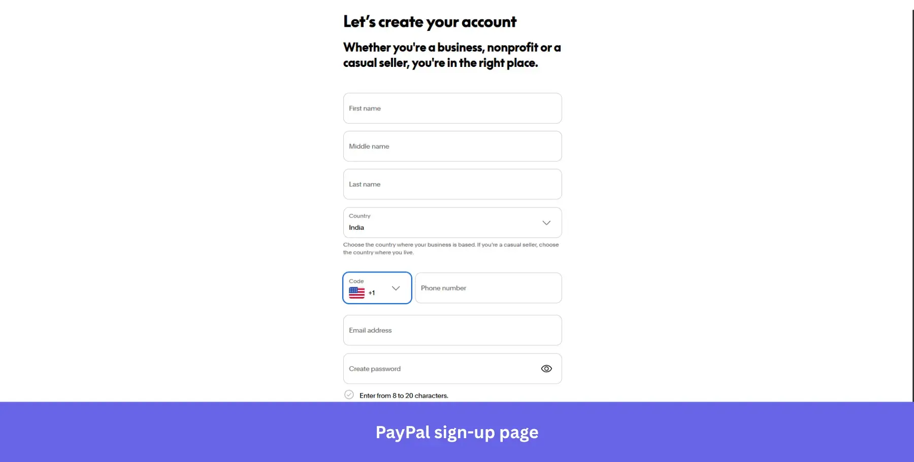 Paypal sign-up page