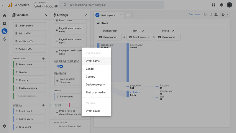 Filters in the GA4 Path Exploration report