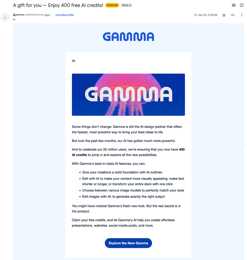 Loyalty program email example: Gamma.