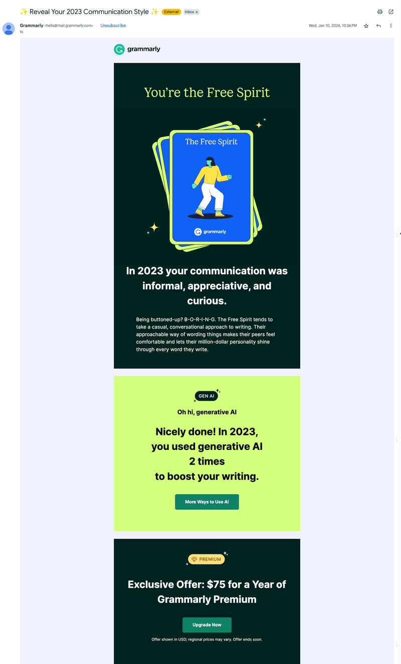 Loyalty program email example: Grammarly.