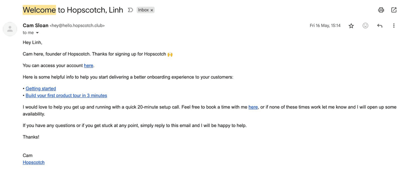 Hopscotch welcome email example.