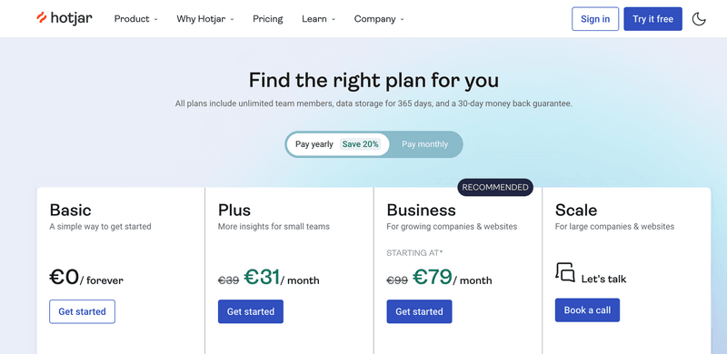 Hotjar pricing localization in Euros