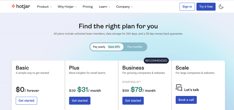 Hotjar pricing in US dollars