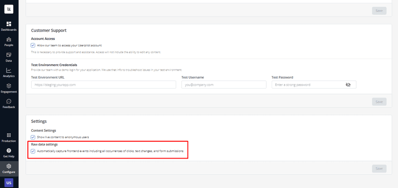 Customer support settings page showing test environment credentials and rate limit options