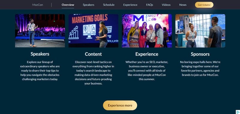 MozCon's homepage with an overview of the speakers and the event