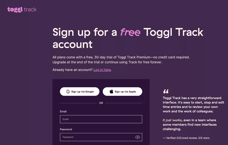 Reverse trial offering from Toggl