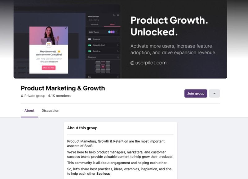 userpilot facebook community - saas marketing tactics