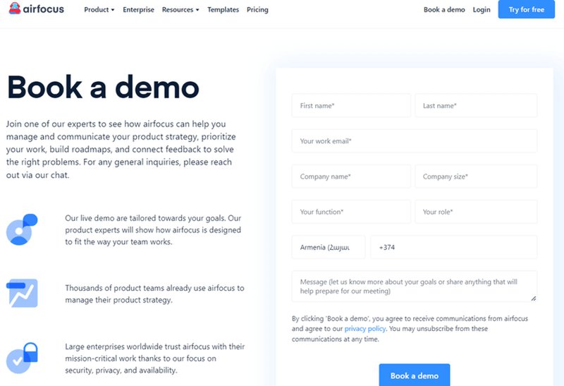 Airfocus' demo invite - saas lead generation strategies
