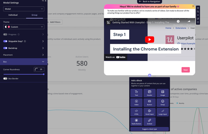 Product tour UI example with modal and welcome message