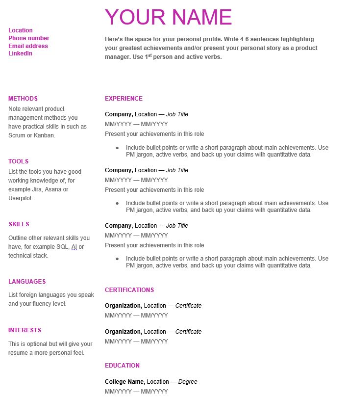 A product manager resume template