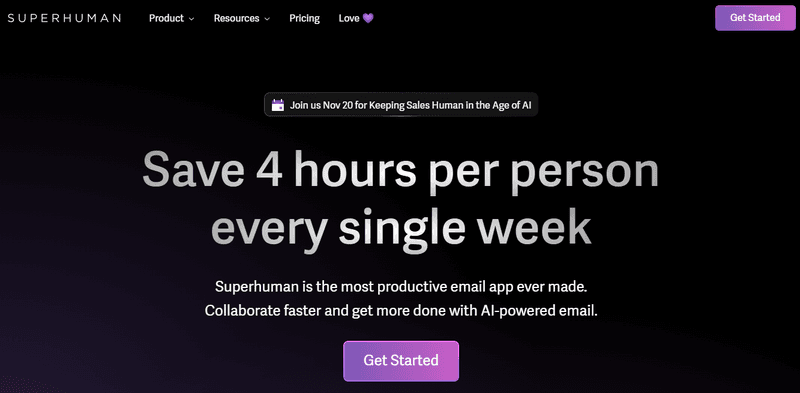 Homepage positioning and messaging: Superhuman homepage
