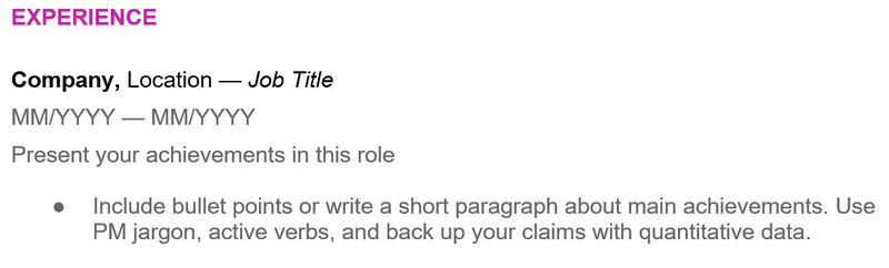 Experience section example in a product manager resume