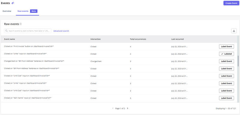 The autocapture events are displayed under the Raw events tab