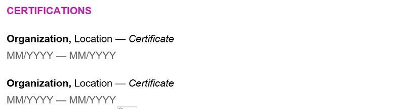 Certifications section example in a product manager resume