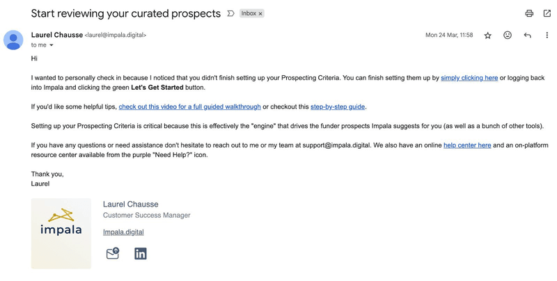 Impala welcome email example.