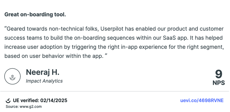 Quote from user praising Userpilot’s interactive walkthrough experience