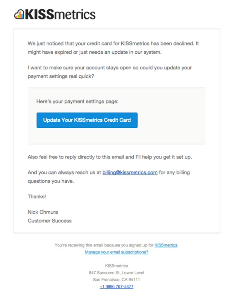 Kissmetrics dunning email example