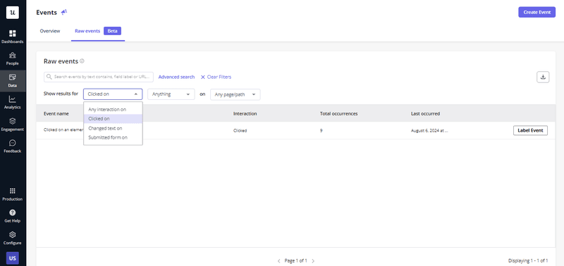 The filter options for refining results in Userpilot