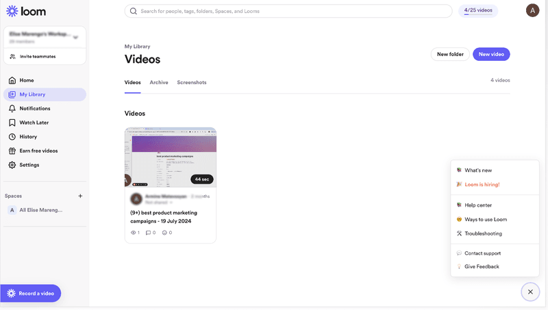 Loom's in-app help center