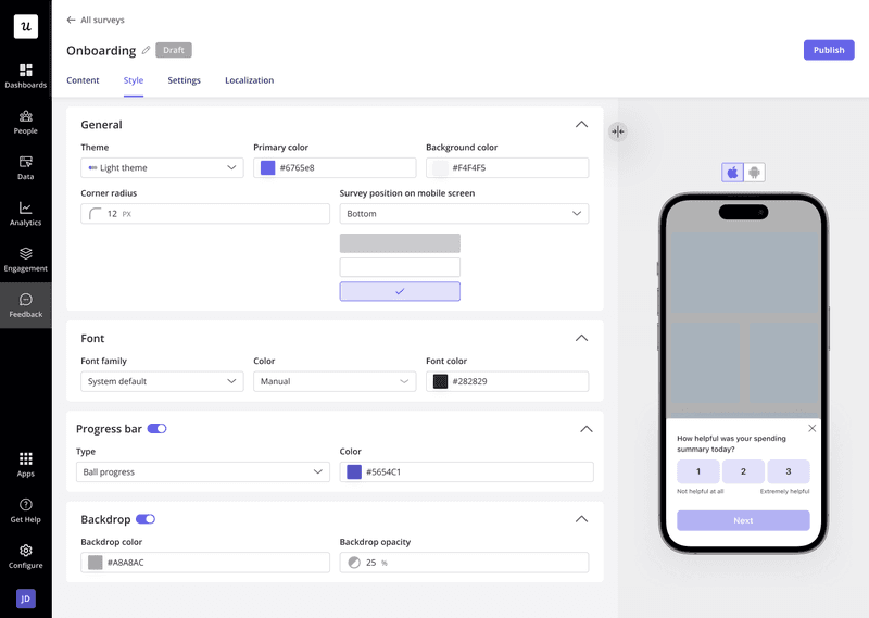 Userpilot mobile in-app survey preview