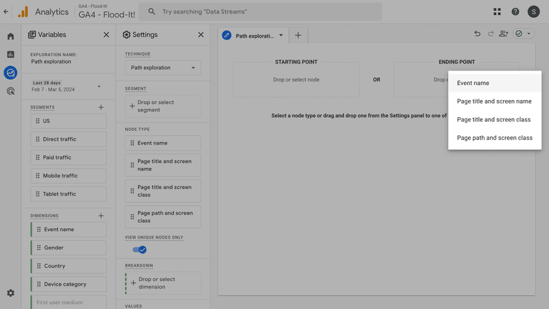 Specify the node type for the ending point