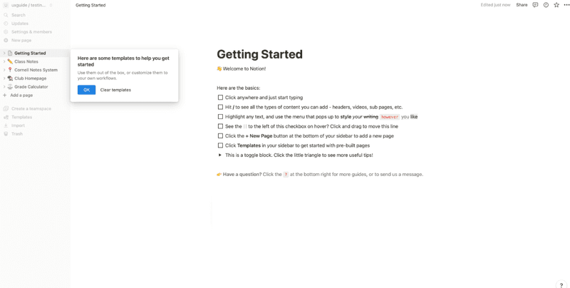A populated blank state displayed by Notion.