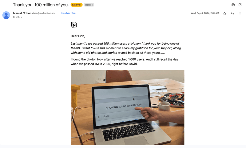 Loyalty program email example: Notion.