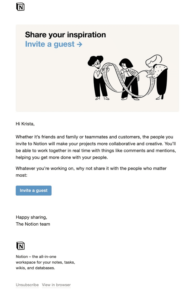 Notion's share and invite PLG email campaign example