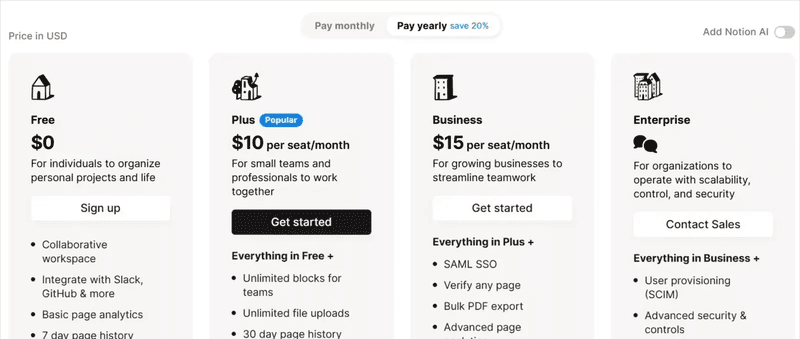 Notion offers different tiers for its different users personas.