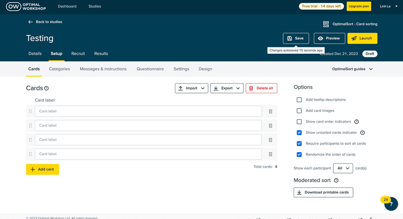 Optimal Workshop card sorting dashboard