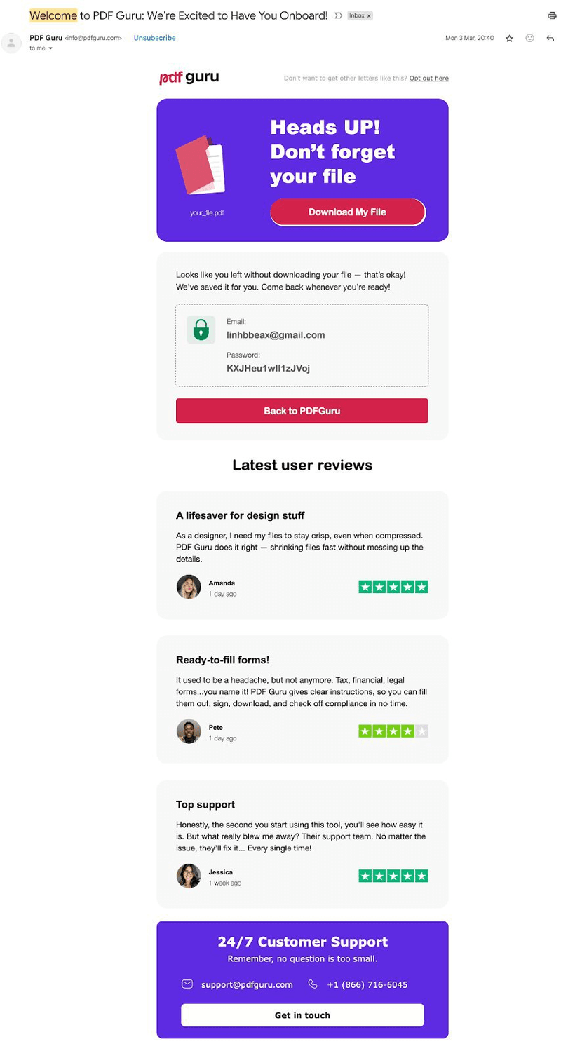 PDFGuru welcome email example.